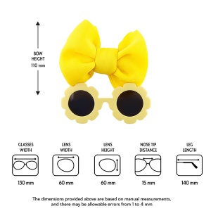 Set ochelari de soare pentru fetite, model rotund tip floare, accesorizat cu funda supradimensionata asortata, tematica fancy summer, marime universala, galben - Img 4