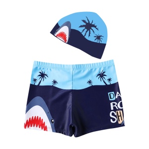 Set pantaloni de baie pentru baieti cu casca asortata, M2, tematica happy summer vibe, model rechin fashion hipster periculos, albastru
