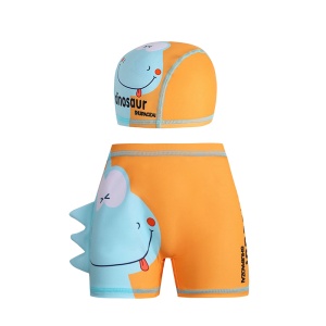 Set pantaloni de baie pentru baieti cu casca asortata, tematica lumea dinozaurilor acvatici, model dino vesel cu obrajori si limbuta, portocaliu