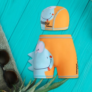 Set pantaloni de baie pentru baieti cu casca asortata, tematica lumea dinozaurilor acvatici, model dino vesel cu obrajori si limbuta, portocaliu - Img 3