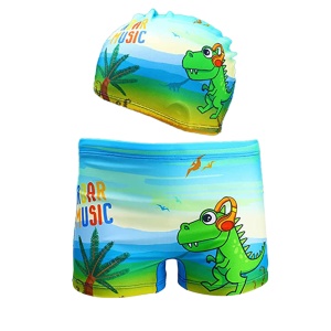 Set pantaloni de baie pentru baieti cu casca asortata, tematica petrecere pe plaja, model dinozaur Roar music, albastru deschis