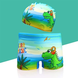 Set pantaloni de baie pentru baieti cu casca asortata, tematica petrecere pe plaja, model dinozaur Roar music, albastru deschis - Img 3