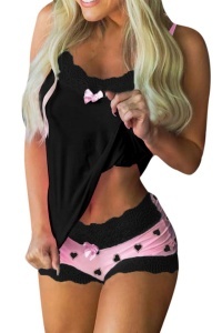 Set pijama, haine de stat in casa sexy cu dantela, 2 piese, negru si roz
