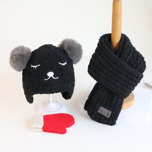 Set trei piese, caciula pentru copii, model pom pom cu ochisori si nasuc, fular moale si manusi calduroase, tematica ready for snow, 1 – 4 ani, neagra - Img 4