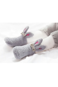 Sosete copii, calduroase, antiderapante, model iepuras, accesorizate cu urechiuse si fundita, gri - Img 3