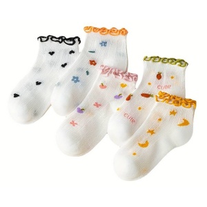 Sosete copii, set 5 perechi, model cute cu imprimeu haios, margine ondulata de contrast, tematica lovely happy feet- 2 ani, alb cu multicolor