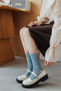 Sosete dama, model chic elegant cu imprimeu floral, tematica I love spring flowers, marime 38 – 42, albastre - Img 2