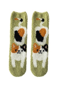 Sosete dama, model pufos si calduros, cu imprimeu hazliu, tematica I love cats, marime 38 – 42, verde cu multicolor