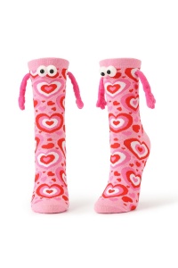 Sosete haioase, model vesel accesorizat cu manute cu magnet si ochisori, imprimeu cu inimioare, tematica crazy couple love, unisex, marime 36-42, roz