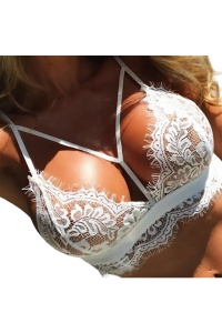 Sutien sexy dama, cu bretele decorative la decolteu, alb