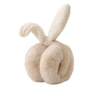 Acoperitori pentru urechi, protectie impotriva frigului, model casti pufoase cu urechi lungi de iepuras, pliabile, tematica happy bunny, marime universala, bej