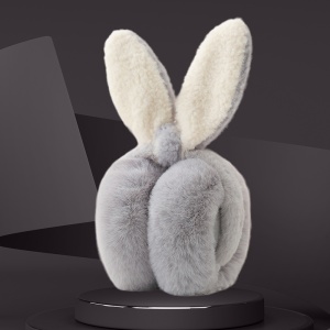 Acoperitori pentru urechi, protectie impotriva frigului, model casti pufoase cu urechi lungi de iepuras, pliabile, tematica happy bunny, marime universala, gri - Img 2