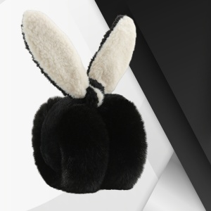 Acoperitori pentru urechi, protectie impotriva frigului, model casti pufoase cu urechi lungi de iepuras, pliabile, tematica happy bunny, marime universala, negre - Img 3