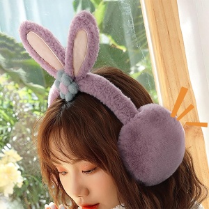 Acoperitori pentru urechi, protectie impotriva frigului, model casti dama cu urechiuse de iepuras si fundita, tematica flower bunny, marime universala, mov - Img 2