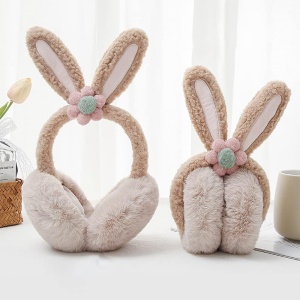 Acoperitori pentru urechi, protectie impotriva frigului, model casti dama cu urechiuse de iepuras si fundita, tematica flower bunny, marime universala, maro - Img 3