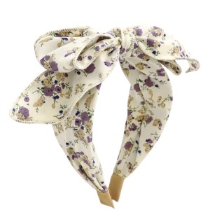 Bentita de par, model cu funda voluminoasa, imprimeu floral, tematica I love flowers, marime universala, bej