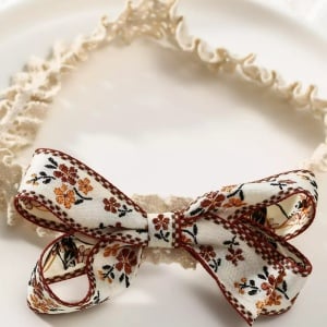 Bentita elastica pentru copii, model crosetat, accesoriu funda delicata, 0-12 luni, crem - Img 3