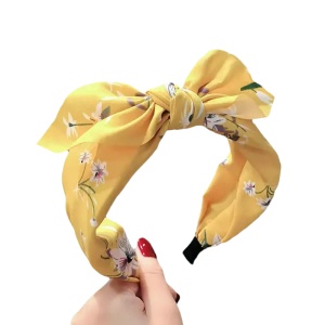 Bentita pentru par cu fundita tinereasca, galbena cu imprimeu floral, marime standard - Img 3
