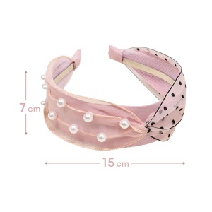 Bentita pentru par cu nod, model delicat si pretios, imprimeu cu buline si accesorii perlute, marime universala, roz - Img 3
