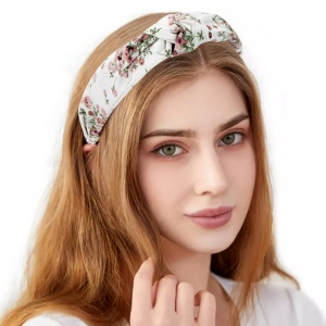 Bentita pentru par, model nod de cravata imprimeu floral, alba, marime standard - Img 2