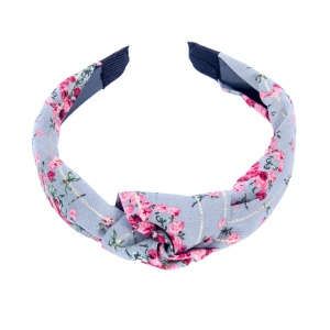 Bentita pentru par, model nod de cravata imprimeu floral, albastra, marime standard