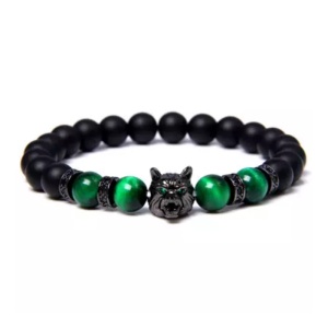 Bratara barbati, creata manual, pandantiv cap de lup, verde,