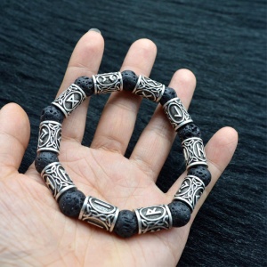 Bratara cu rune vikinge, model Viking mythology, cu roca vulcanica, elastica, unisex, neagra, - Img 2