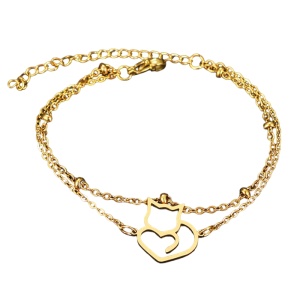 Bratara dama, dublata, model cat love, pandantiv pisica, cu accesorii bilute, aurie
