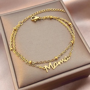 Bratara dama, dublata, model cel mai frumos cuvant, pandantiv mama, cu accesorii bilute, reglabila, aurie - Img 2