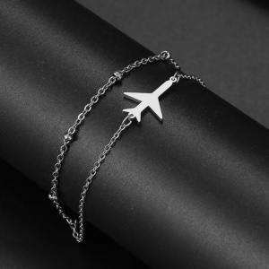 Bratara dama, dublata, model travel, pandantiv avion, cu accesorii bilute, reglabila, argintie - Img 3