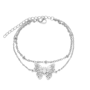 Bratara dama, model dublat cu accesorii bilute, tematica beautiful butterfly world, pandantiv fluturas, reglabila, argintie
