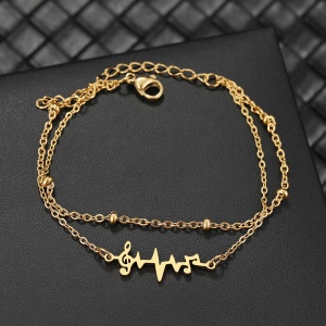 Bratara dama, model dublat cu accesorii bilute, tematica music is my life, pandantiv fantezie muzicala cheia sol cu puls si note, reglabila, aurie - Img 2