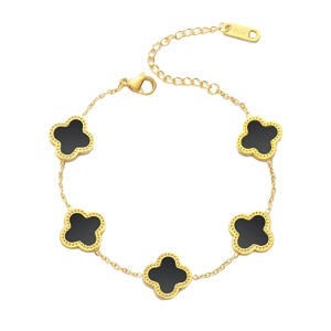 Bratara dama, model norocos, trifoi cu 4 foi, aurie, reglabila, cu accesorii negre