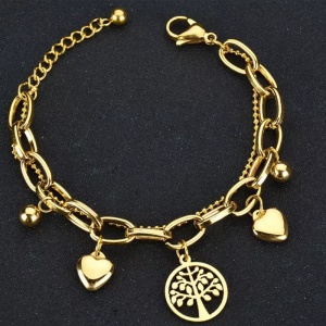 Bratara dama, pandantiv copacul vietii, accesorii inimioare, dubla, reglabila, aurie - Img 3
