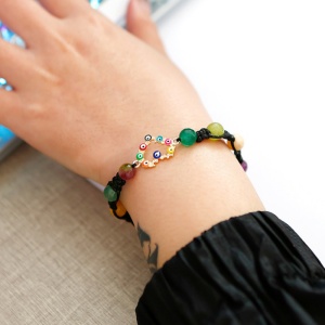 Bratara dama, tip sfoara, reglabila, pandantiv inimioara colorata, model evil eye, neagra - Img 3