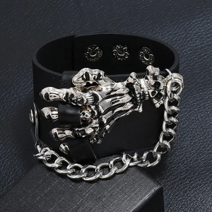Bratara de piele sintetica cu mana de schelet, accesorizata cu lant, model together forever, tematica nedespartiti, unisex, argintie, - Img 4