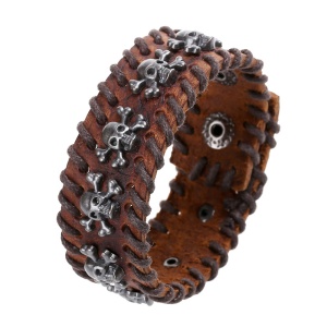 Bratara din piele ecologica cu pandantive cap de schelet, model necromancer summoning bracelet, tematica retro, unisex, maro,