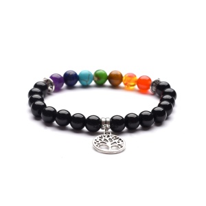 Bratara energetica creata manual, din roca vulcanica , 7Chakras si pandativ copacul vietii, pietre semipretioase, unisex, negru lucios