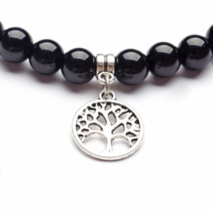 Bratara energetica creata manual, din roca vulcanica , 7Chakras si pandativ copacul vietii, pietre semipretioase, unisex, negru lucios - Img 2