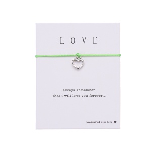 Bratara love pandantiv inima argintiu, realizate manual, sfoara verde, reglabila, unisex