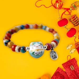 Bratara, model cu margele si pisica simpatica, tematica lucky cat, elastica, unisex, albastra - Img 2
