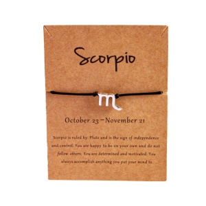 Bratara semn zodiac scorpion argintiu, creata manual, neagra, unisex