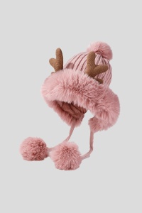 Caciula dama, accesorizata cu cornite de ren, decupaj la spate pentru par, model pom pom cu prindere sub barbie, tematica pretty cute for a deer, marime universala, roz - Img 3