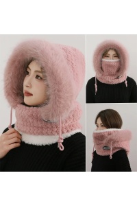 Caciula dama, model moale si pufos tip cagula cu guler inalt, reglabila cu snur, tematica warm and cozy winter, marime universala, roz - Img 2