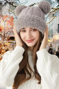 Caciula dama, model vesel calduros cu pom pom, tematica cozy winter, marime universala, gri - Img 3