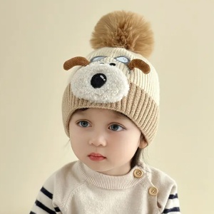 Caciula pentru copii, accesorizata cu botic de catel, model pom pom calduros, captuseala delicata, tematica I love dogs, 1 – 4 ani, maro - Img 2
