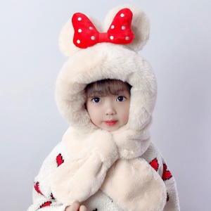 Caciula pentru copii, calduroasa, model voluminos cu urechiuse, accesoriu funda gigantica cu buline, tematica my lovely kid, 1 – 5 ani, crem - Img 4