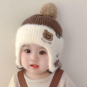 Caciula pentru copii, imprimeu cu ursulet, model calduros cu prelungire pentru urechi, tematica little funny bear, 2 – 4 ani, maro inchis - Img 4