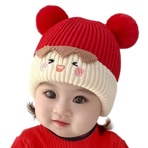 Caciula pentru copii, margine de contrast, model cu pom pom, tematica smile funny face, 6 luni – 2 ani, rosie