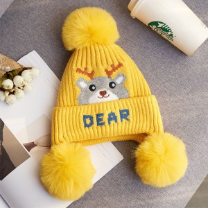 Caciula pentru copii, moale si calduroasa, model cu pom pom pufos multiplu, tematica little deer, 2 – 8 ani, galbena - Img 2
